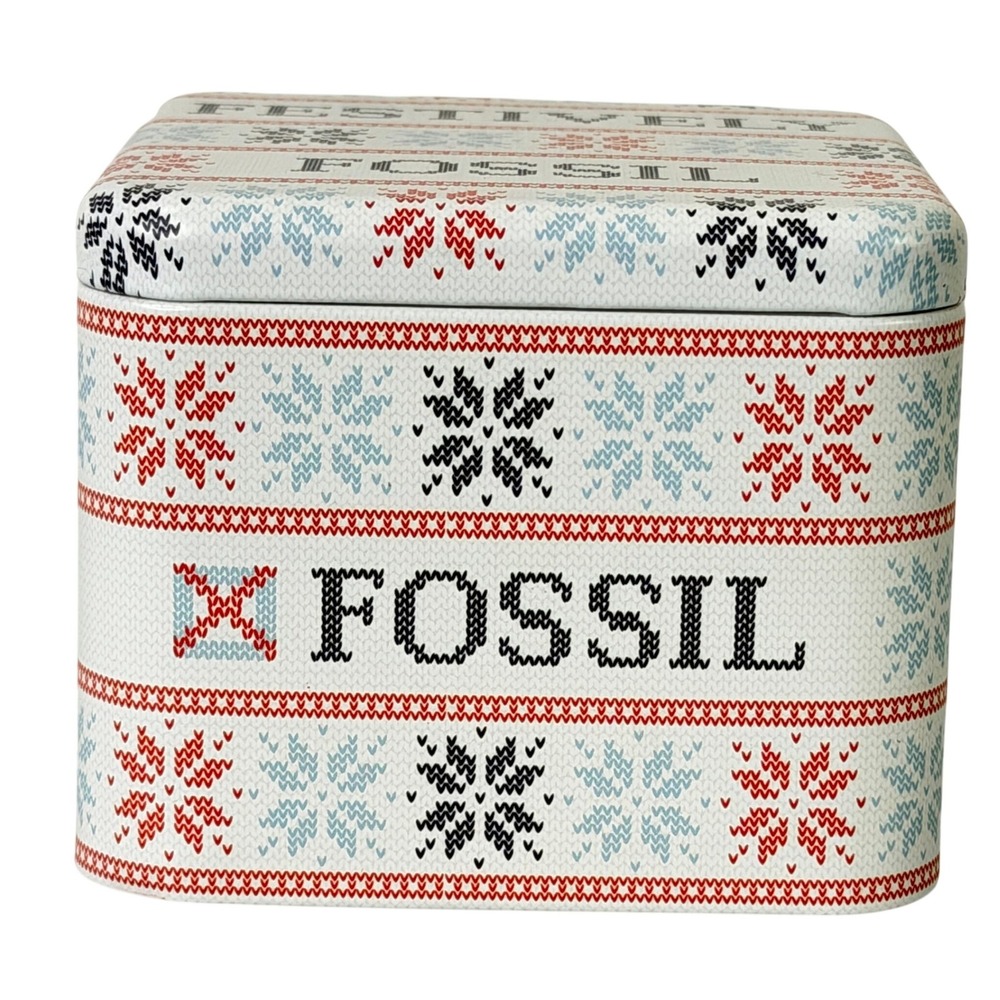 EMPTY‎ Fossil Festive Holiday Snowflake Watch Tin Storage Box White Fair Isle